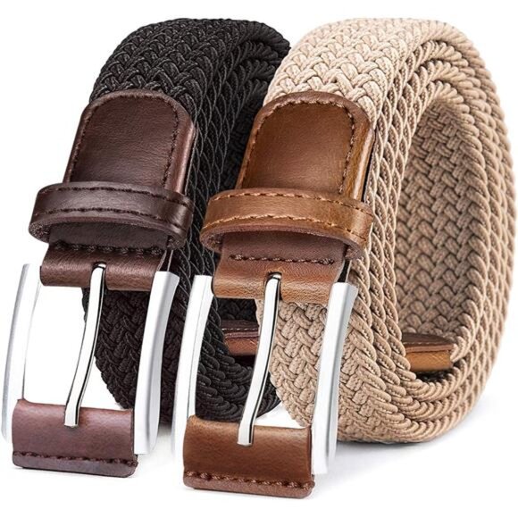 Mens Elastic Braided Belt 2Pack Stretch Adjustable Casual Golf Jeans Waist Belt - Picture 1 of 7